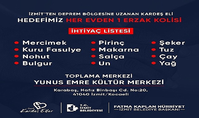 İzmit’ten deprem bölgesine kardeş eli uzanıyor