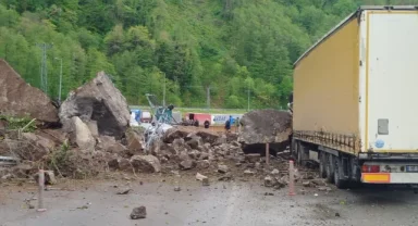 Artvin'de heyelan! Yabancı tır hasar aldı!